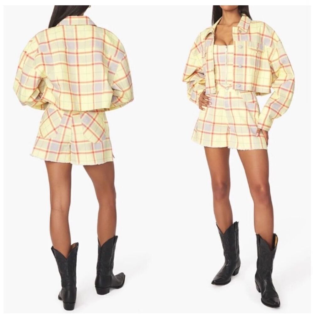 🌸 WeWoreWhat Yellow Plaid Cropped Denim Jacket Size XS/S New